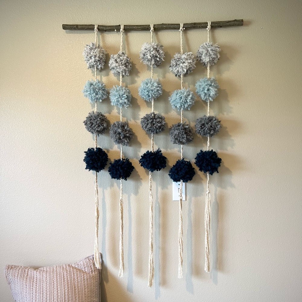 FROZEN FOSS | Bohemian blue pom-pom macrame wall hanging